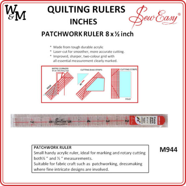 QUILTERS RULER - SEW EASY - 8 inches x 1/2 inch