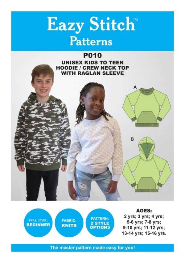 Eazy Stitch™ P010 – UNISEX KIDS TO TEEN HOODIE / CREW NECK TOP WITH RAGLAN SLEEVE