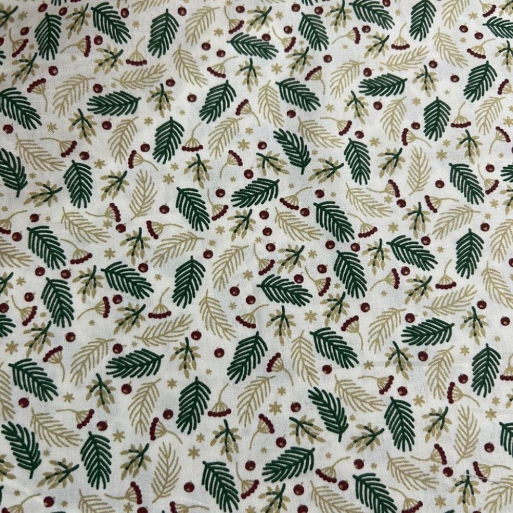 WHITE AND BLACK LEAF POINSETTIA COTTON FABRIC