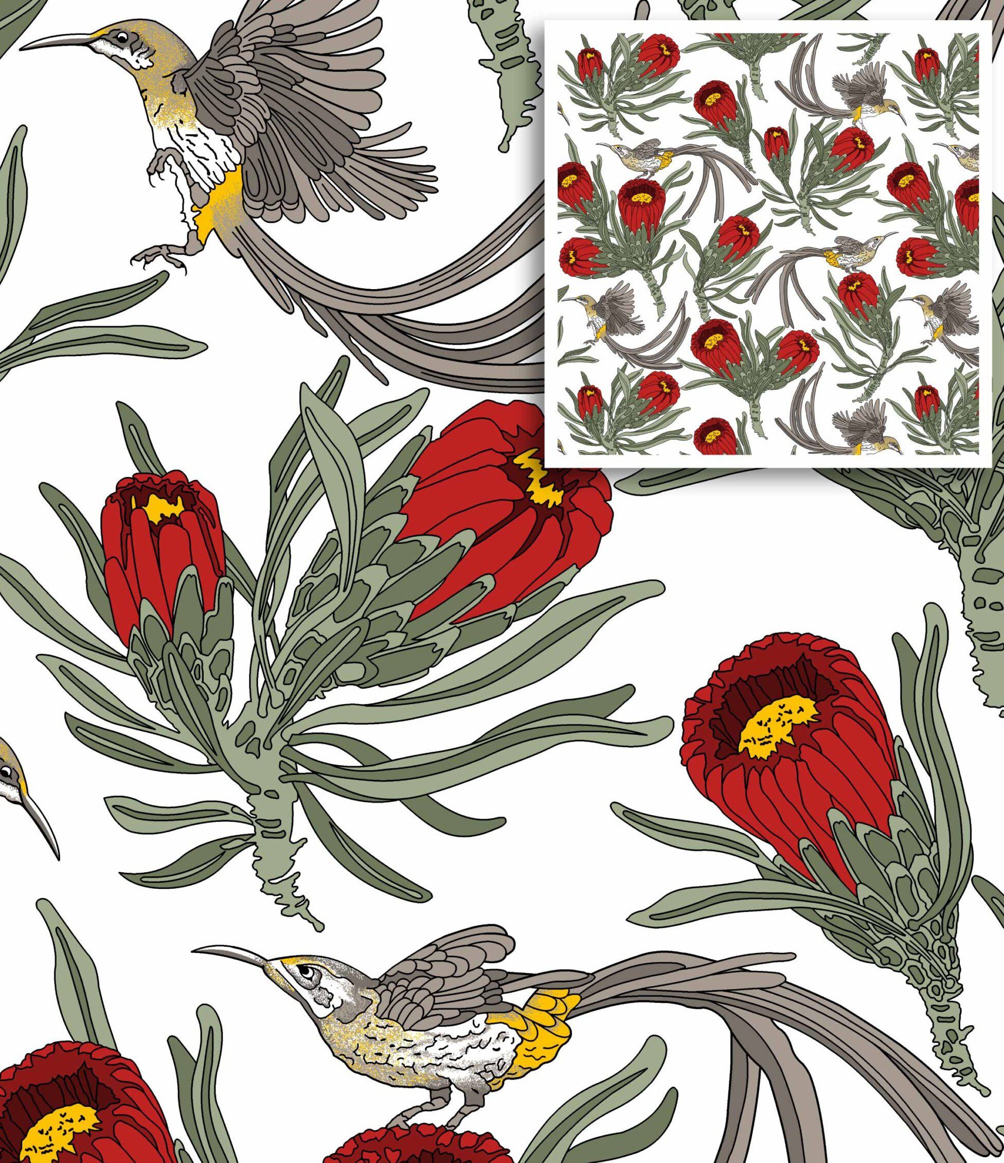 Sun Bird Red Cape Flora Cotton Fabric Online