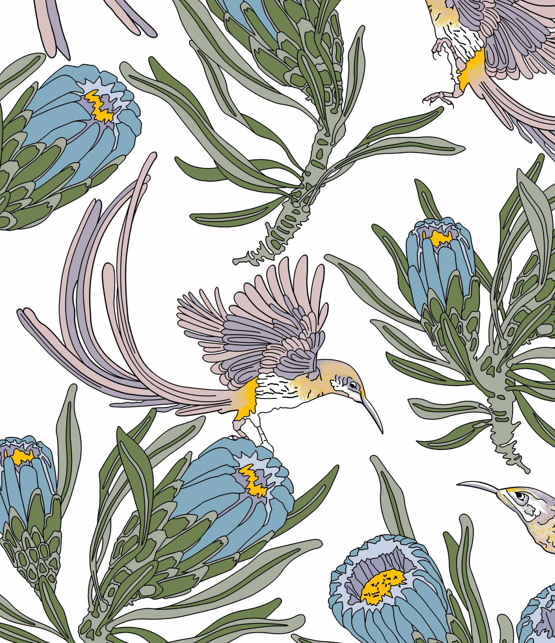 Sun Bird Blue Cape Flora Cotton Fabric Online