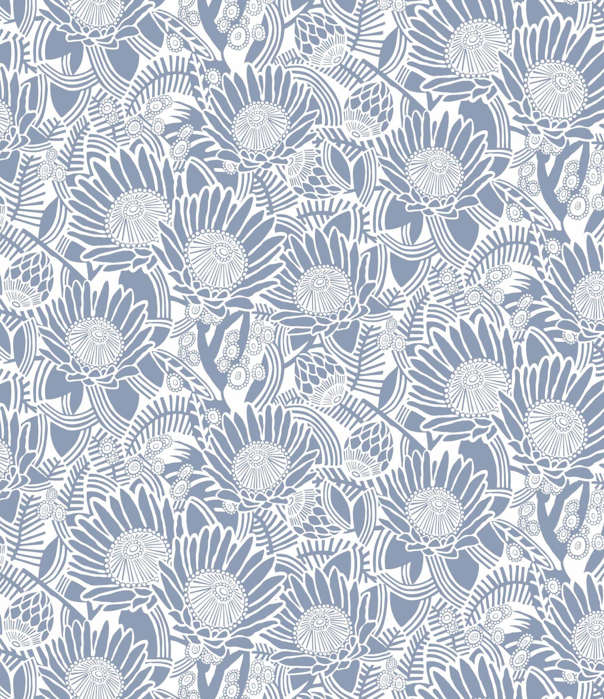 King Protea Blue Grey Cape Flora Cotton Fabric Online