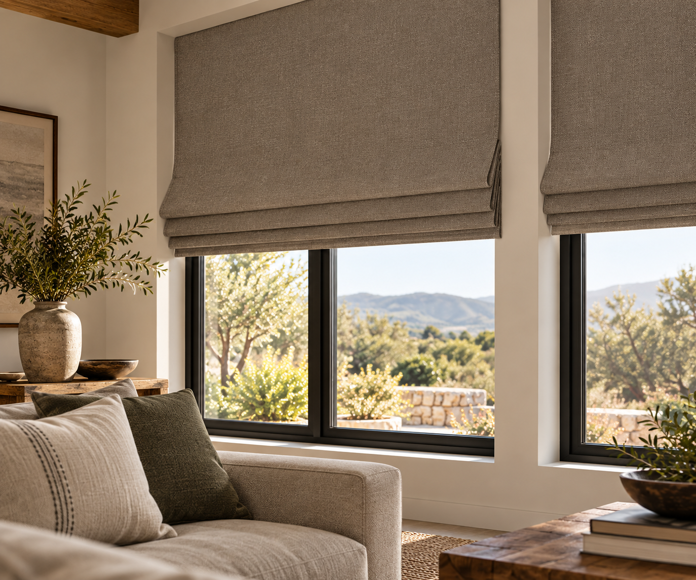 Serene Taupe Roman Blinds Living Room