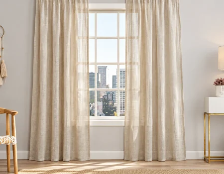 Sunlit City Window with Sheer Curtains